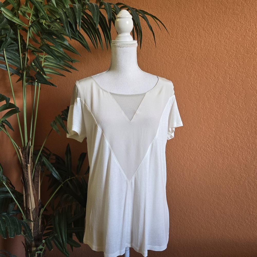 Aiko Elevated Basic White Tee Shirt Silk Semi Sheer White Short Sleeve Large